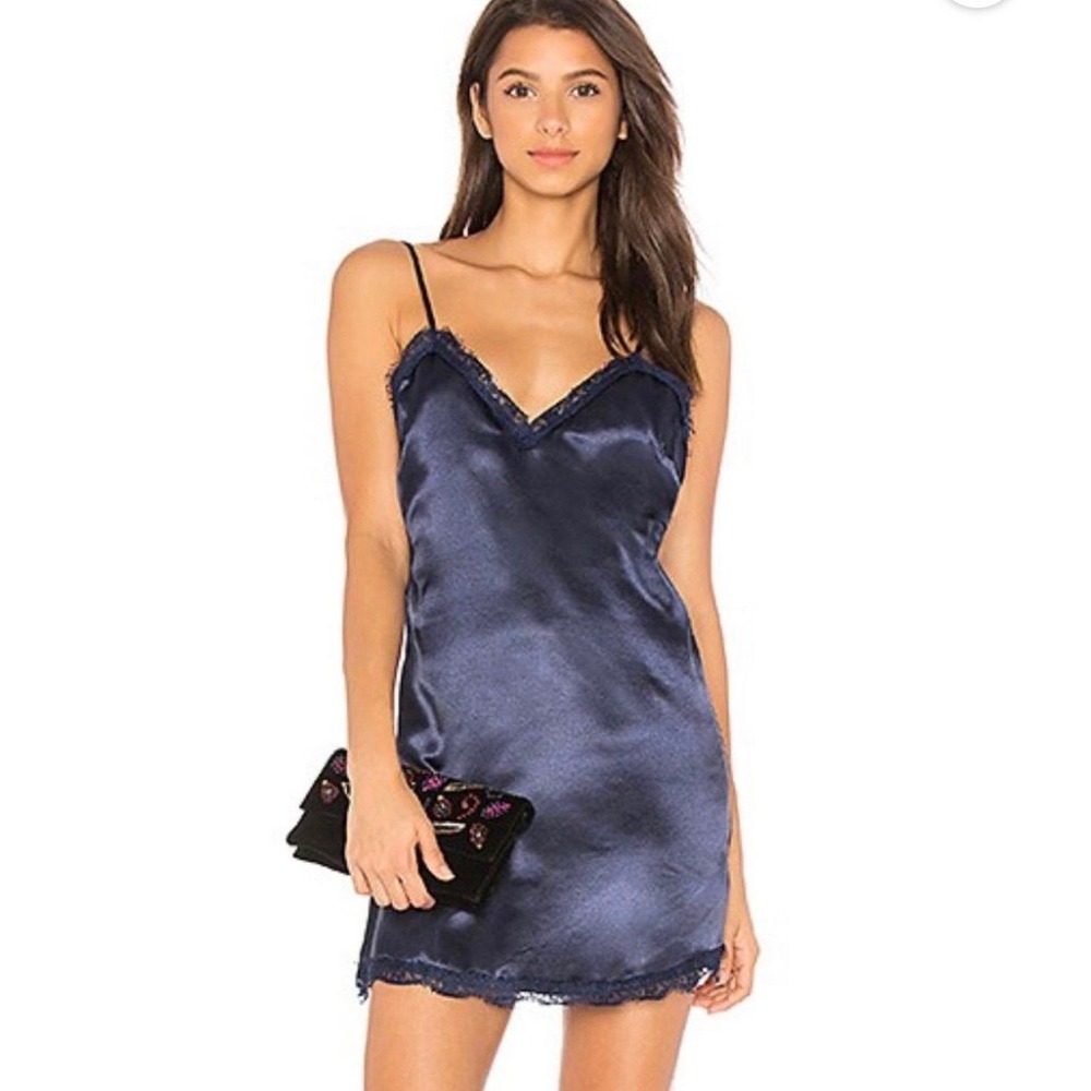 Lovers + Friends Womens Satin Lace Trim Mini Dress SM Navy Blue Date Night Party